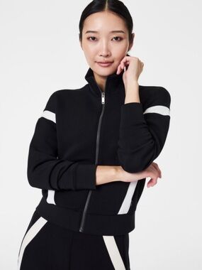 Spanx Air Essentials Black Striped Track Jacket Size Medium